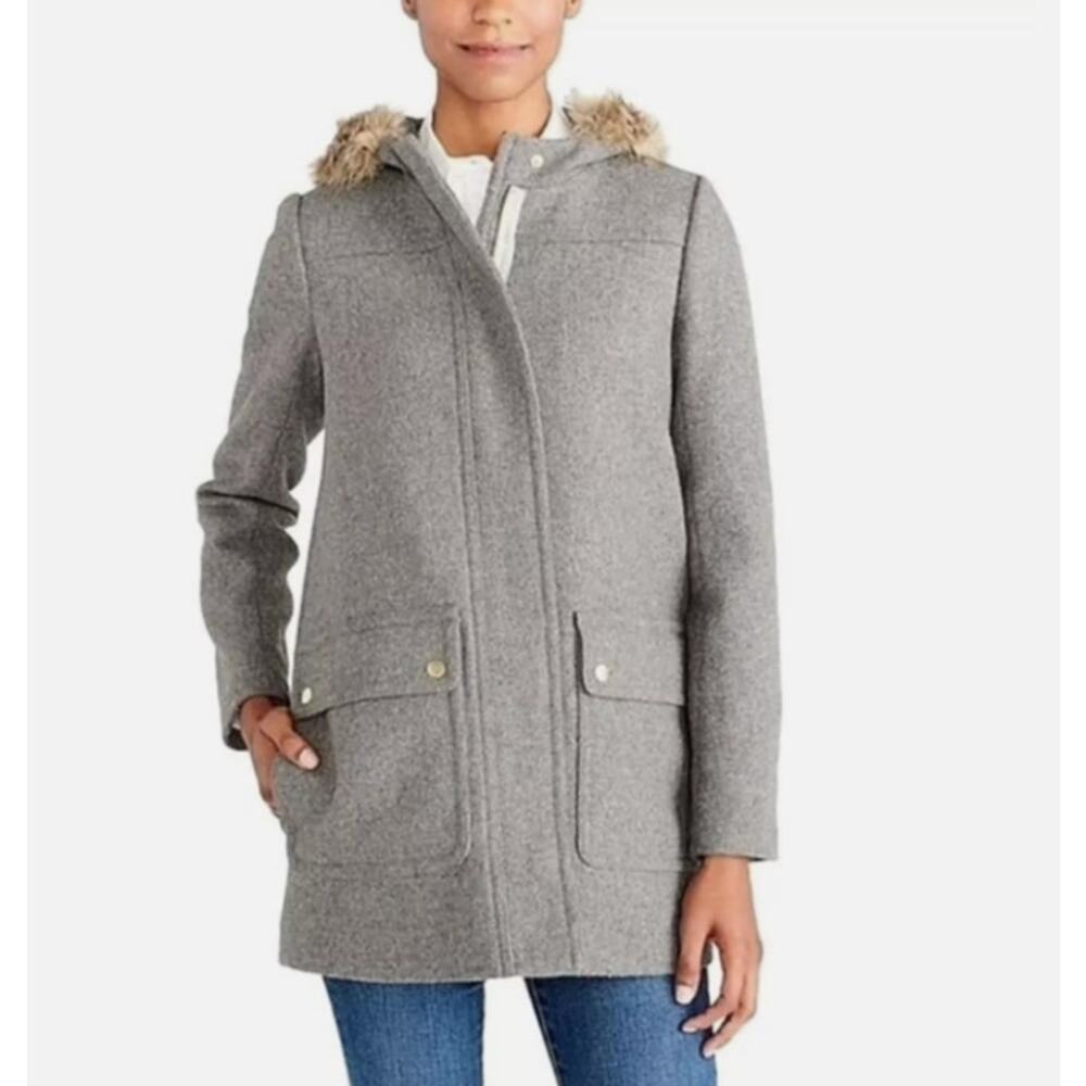 JCrew Gray Vail Faux Fur Hooded Wool Blend Parka Coat Womens Size 2 Mid Length
